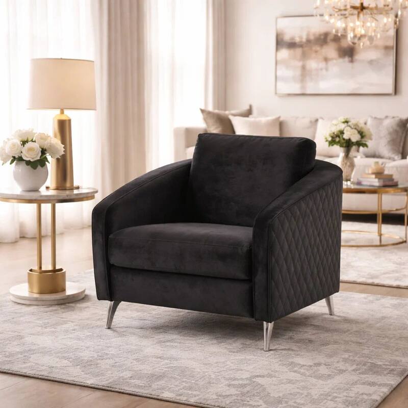 Hida 36 Inch Modern Accent Armchair, Crisp Diamond Stitching, Black Velvet