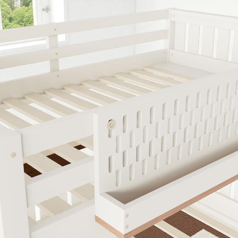 Full XL over Queen / Full over Queen Bunk Bed with Ladder, Guardrails, Pegboard & Built-In Bookshelf, Solid Wood Frame