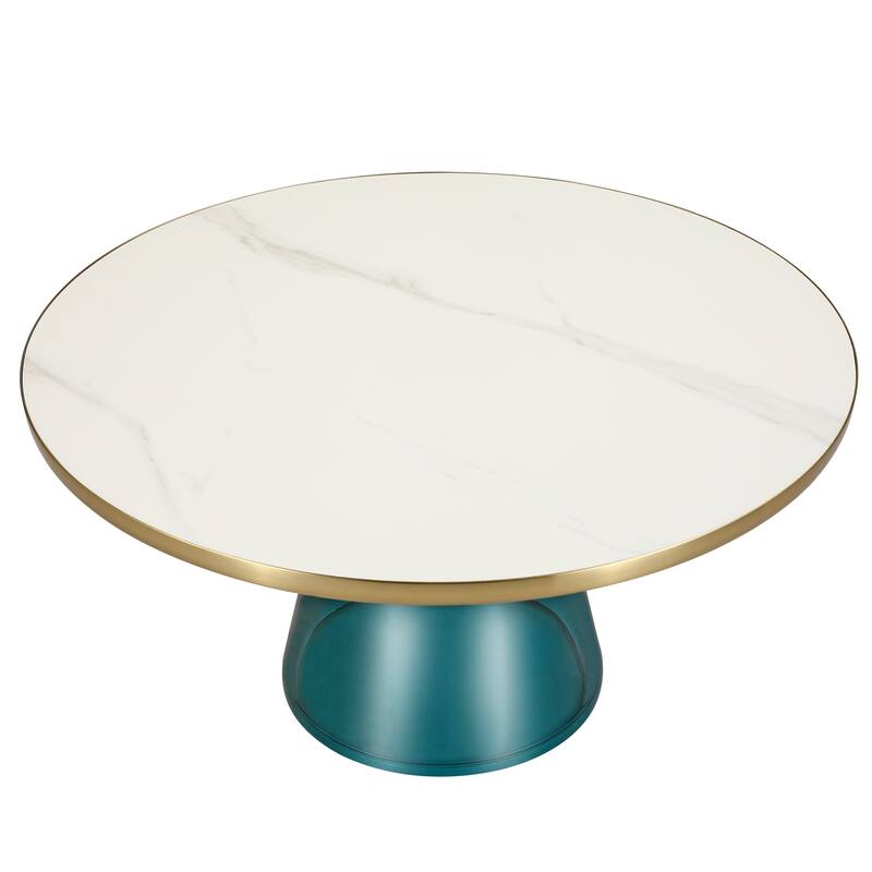 30-Inch Round Coffee Table Glass/Stone Tabletop with Gold Iron Rim Frame Glass Pedestal Base