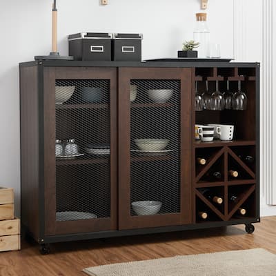 Furniture of America Hury Modern Walnut 47-inch 3-shelf Dining Buffet, Walnut Dining Sideboard with Wine Storage