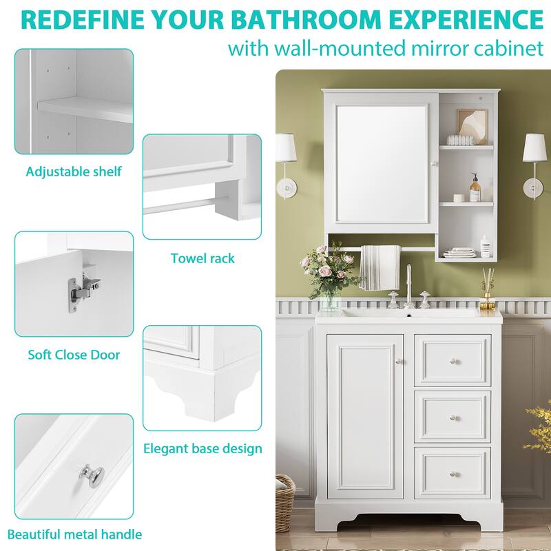 30-inch bathroom vanity with sink, bathroom storage cabinet with 3 drawers , freestanding vanity set with mirror cabinet