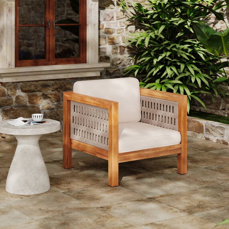 Beige Teak Outdoor Club Chair Upholstered Arm Chair with Wicker Armrest, Coffee Chair Reception Chair Side Chair