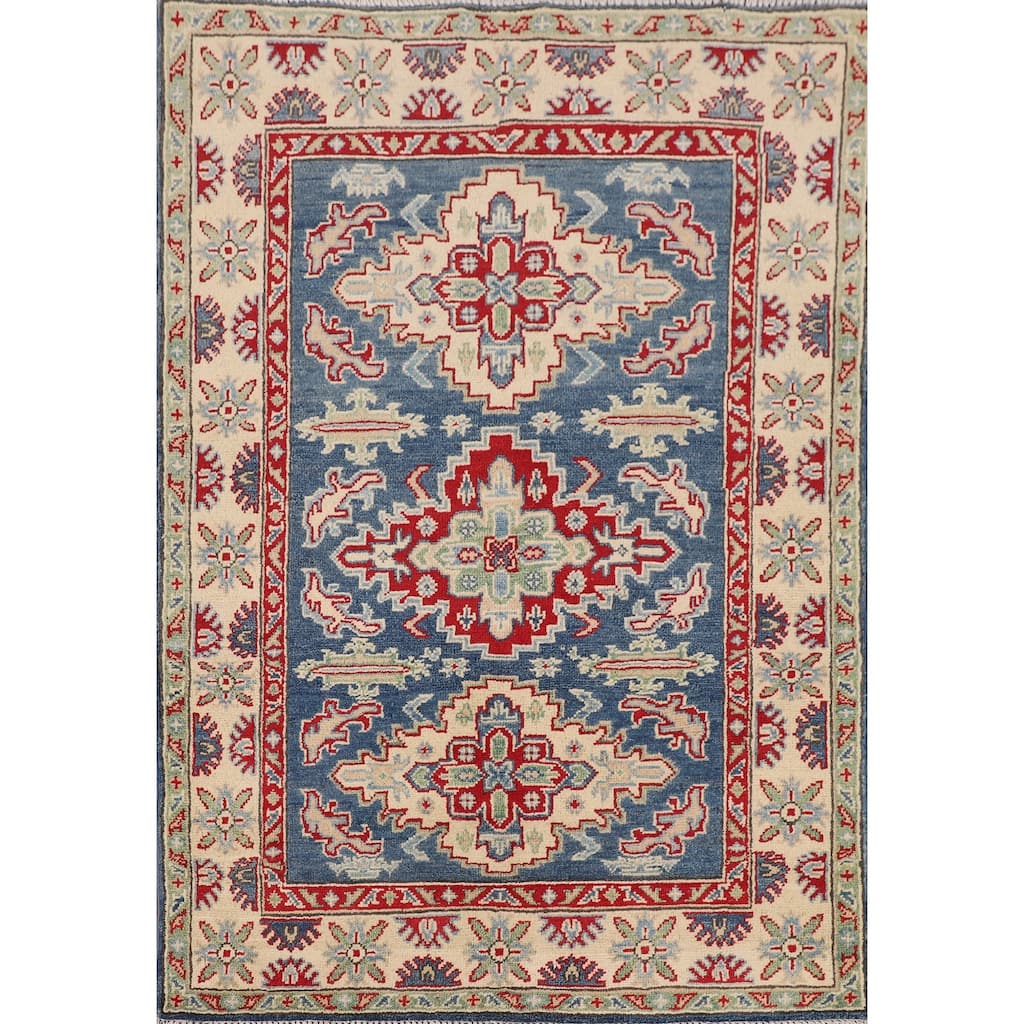 Blue Kazak Accent Rug Handmade Traditional Wool Carpet - 3'3" x 4'9"