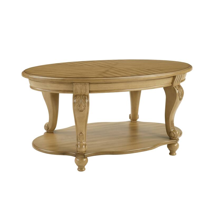 42 Inch Oval Wood Coffee Table with 2-Tier Open Shelf