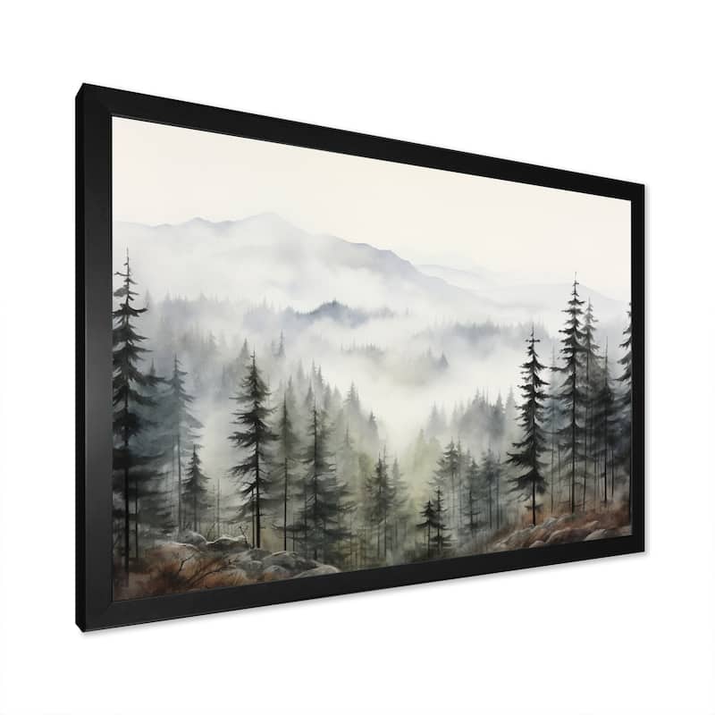 Designart "Pine Tree Misty Mountain II" Floral Framed Wall Art Living Room