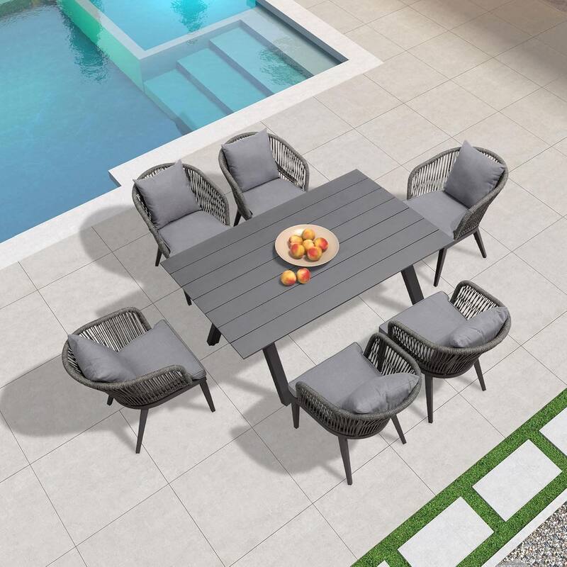 PURPLE LEAF 7-11 Patio Dining Set, Aluminum Frame Table, Wicker Chairs - Grey (7 Pcs Rectangular Grey Table)