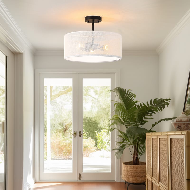 Bayou 3-Light Drum Semi-Flush Mount With Black Canopy - 16''W