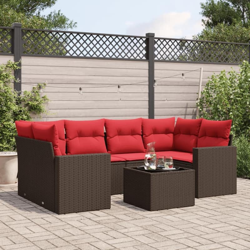 vidaXL Patio Sofa Set with Cushions Outdoor Furniture 7 Piece Poly Rattan - 25.8" x 24.4" x 27.2" - Brown and red