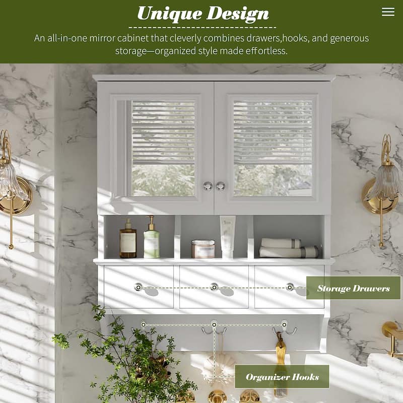 24 Inch 4-in-1 Wall Mounted Medicine Cabinet with Mirror, Drawers and Hooks, Bathroom Storage Organizer