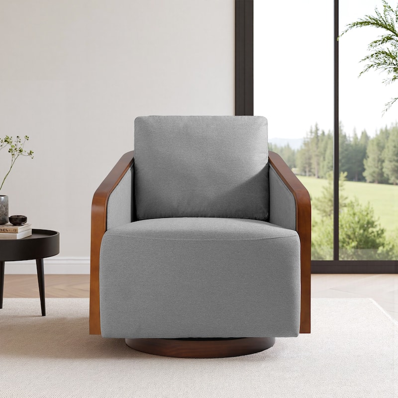 Upholstered Swivel Barrel Chair with Curved Wood Arms