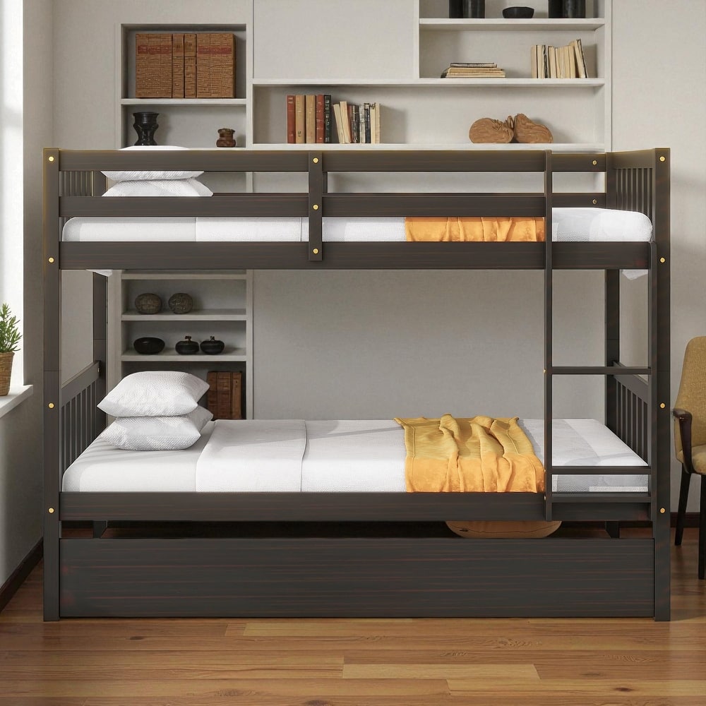 Twin Over Twin Rubber Wood Bunk Bed with Trundle, Convertible into Twin Beds, Ladder and Safety Guardrails