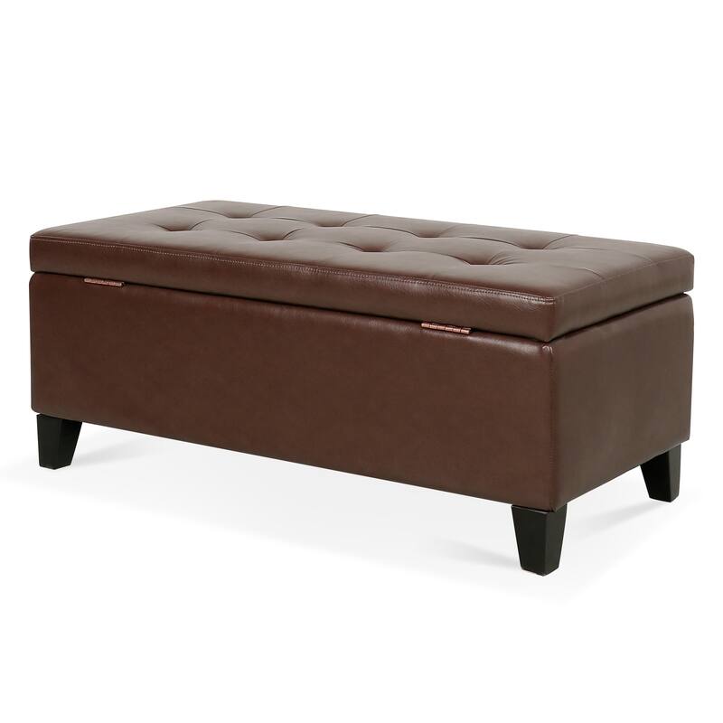 Storage Ottoman with Wooden Legs, Faux Leather Ottoman with Storage for Living Room, Bedroom & Hallway, Ottoman Foot Rest