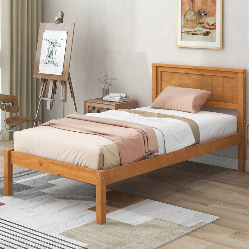 Harper & Bright Designs Wood Platform Bed with Headboard - Oak - Twin