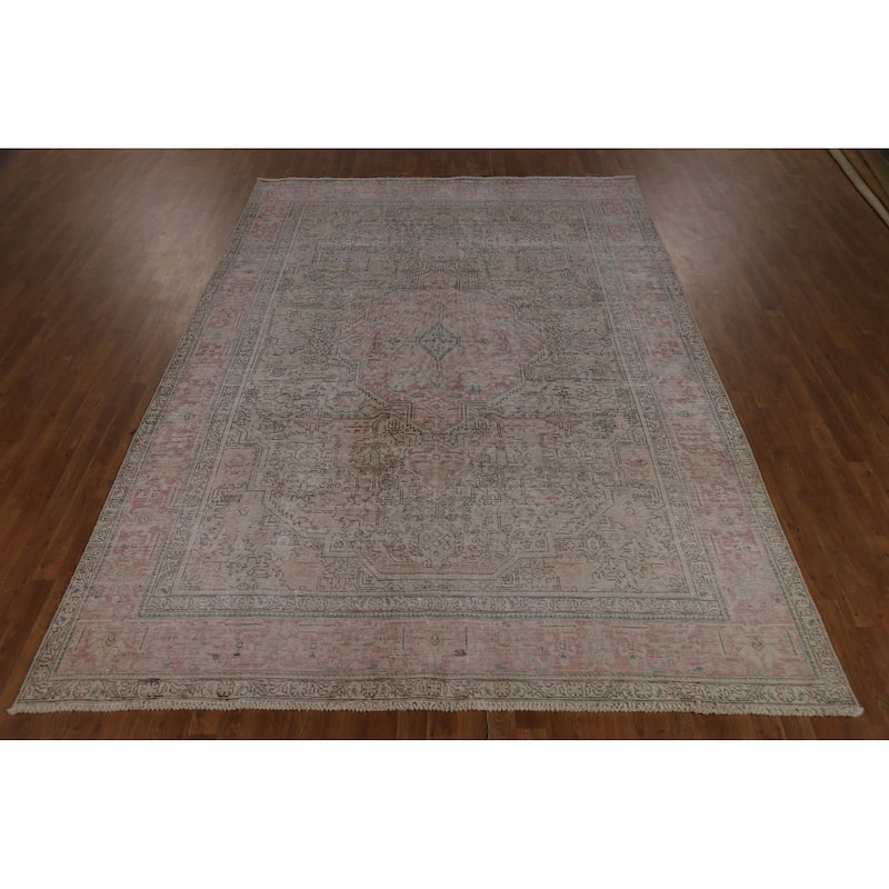 Geometric Beige Tabriz Persian Vintage Rug Hand-Knotted Wool Carpet - 7'10" x 11'0"