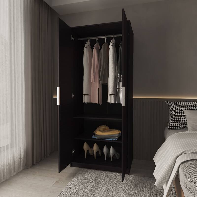 Wardrobe Berlin, Two Doors, Hanging Rod, Two Shelves, Shoe Rack, Bedroom, Wengue