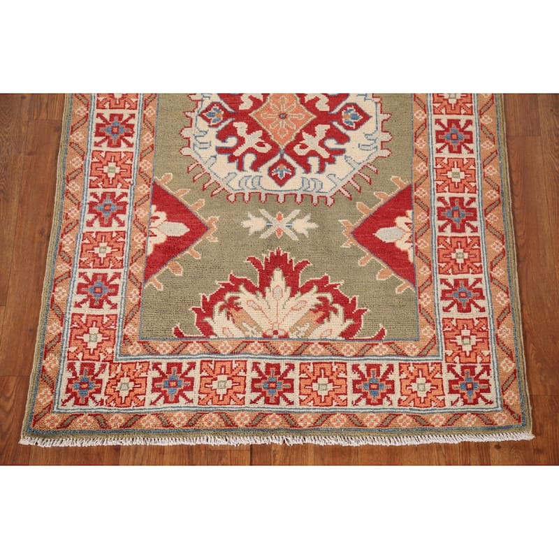 Geometric Green Kazak Oriental Accent Rug Handmade Wool Carpet - 3'3"x 5'1"