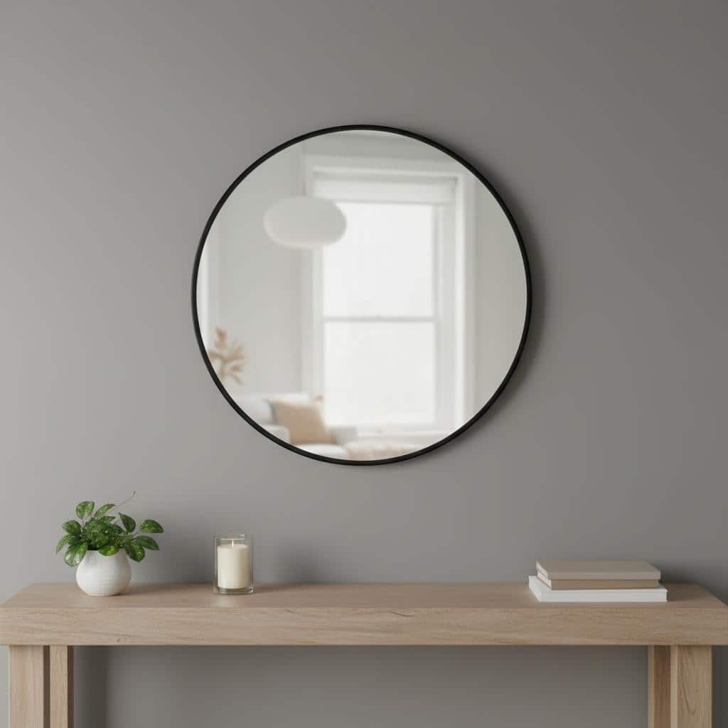 HomeRoots 24" Black Round Framed Accent Mirror - 24.00 in. x 24.00 in. x 1.10 in.
