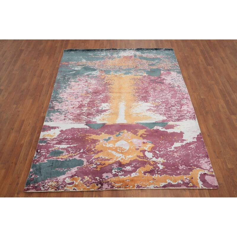 Hand Knotted Oriental Viscose Silk Carpet Modern Pictorial Multi-Colored Abstract Area Rug - 7' 11'' X 5' 8''