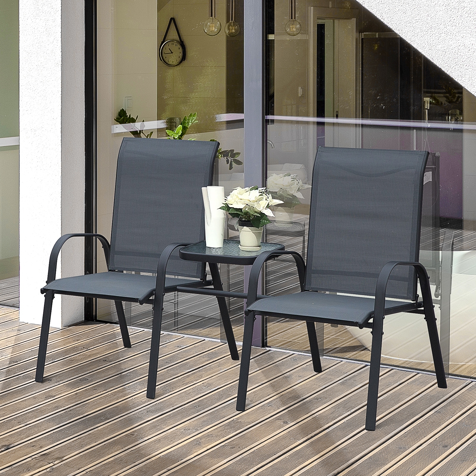 Outdoor chair store with table attached