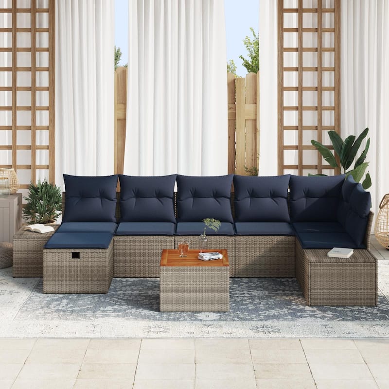 vidaXL 8 Garden Sofa Set with Cushions Black/Grey Poly Rattan - 125.6 x 60.6 x 27.2