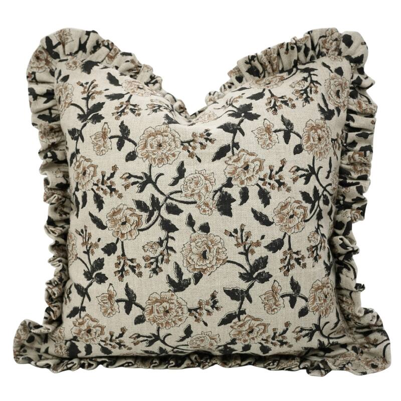Fabdivine Heavy Linen Floral Ruffled Both Side Cushion Cover Home Décor Accent - Rameshwaram- Brown, Dark Blue - 12" x 20" - Cover Only