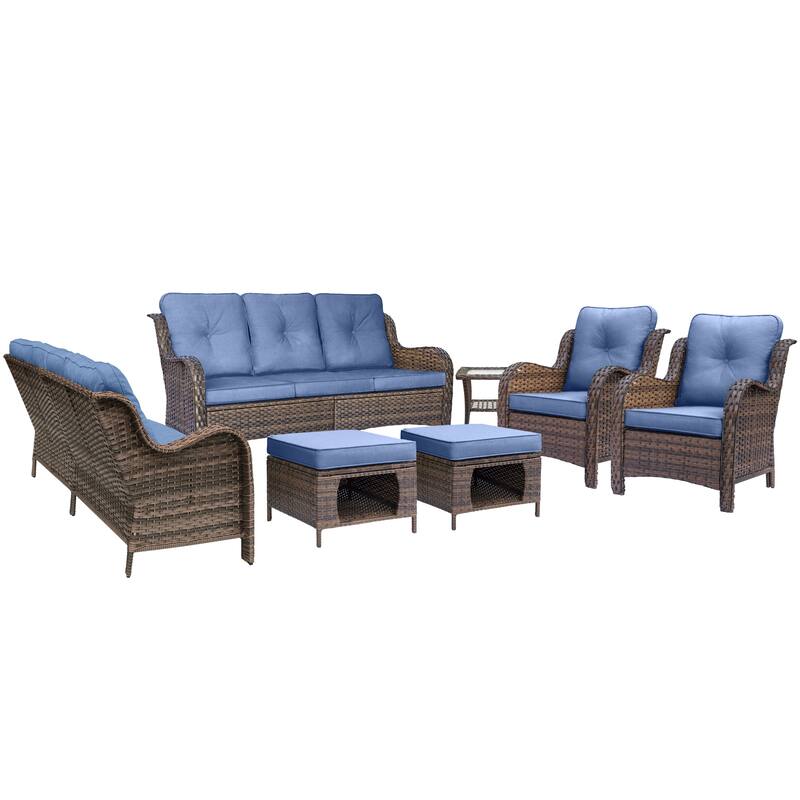 High Back Wicker 7 Piece Outdoor Patio Furniture Seating Sofa Set