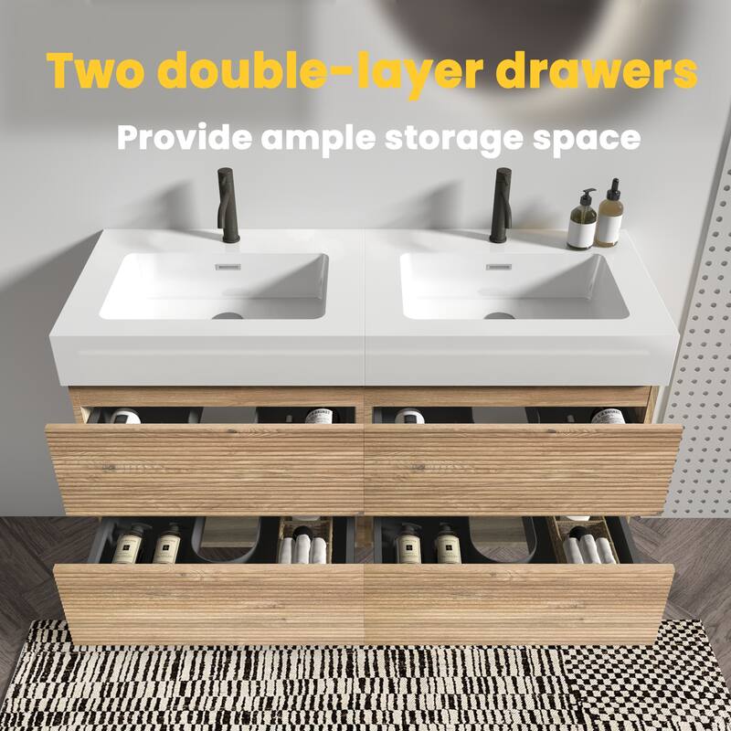 GDFStudio - Grace Wall-Mounted Bathroom Vanity with Engineered Quartz Sink & Soft Close Drawers, without Drainage and Faucet