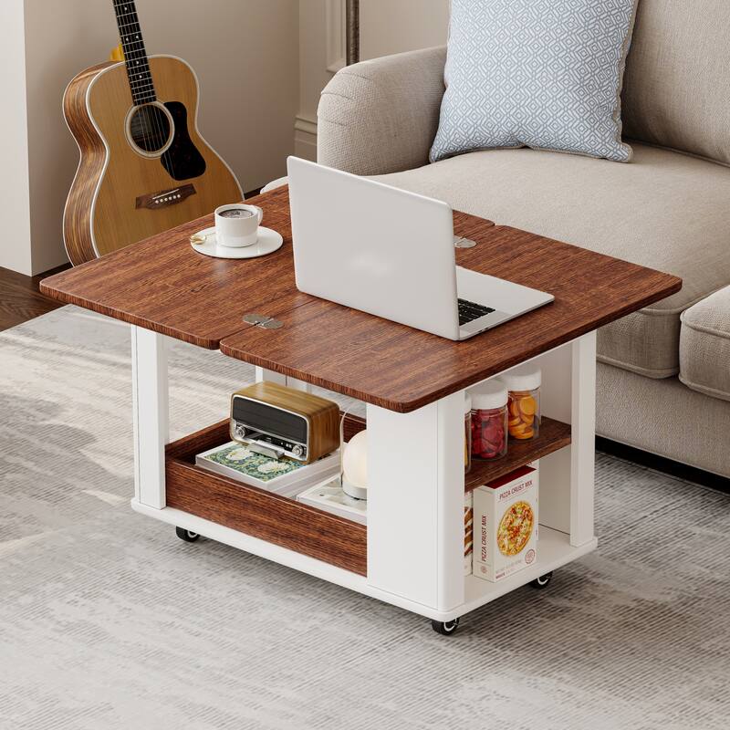 Roomfitters 27.6" Modern Multi-Function Coffee Table with Foldable Top, Rolling Casters & Multi-Tier Storage - Walnut,White