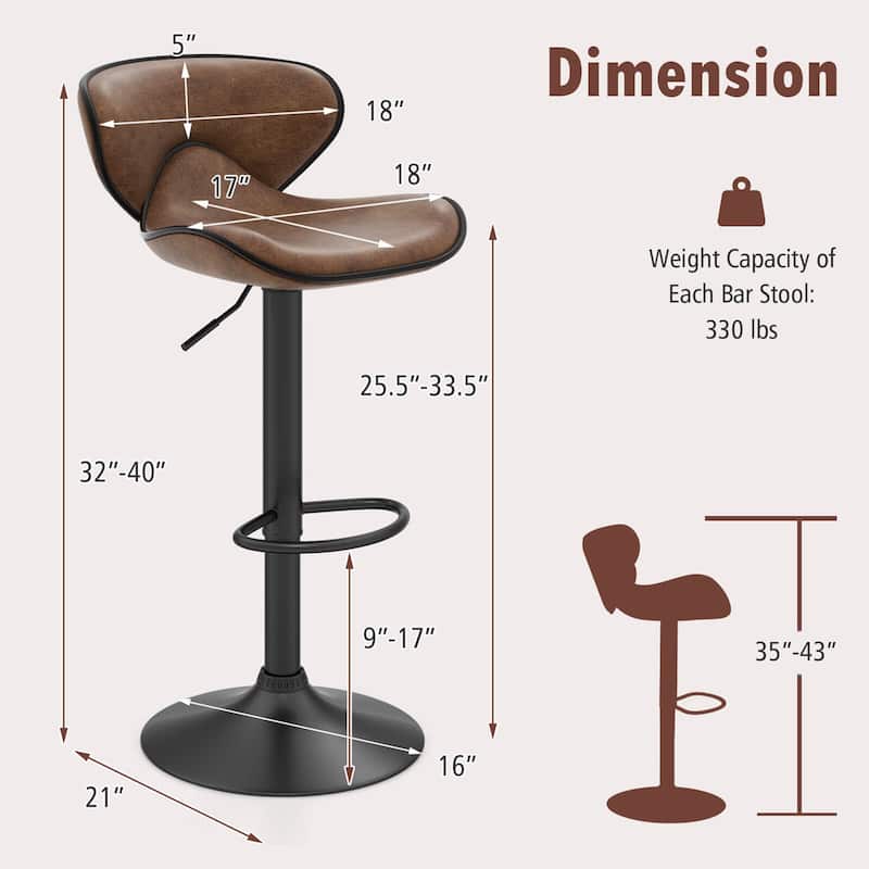 Costway Set of 2 Adjustable Bar Stools Swivel Bar Chairs Pub Kitchen