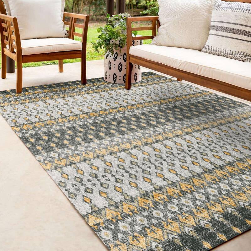 Machine Washable Indoor/ Outdoor Addison Bravado Geometric Ikat Rug - Gray - 3' x 5'