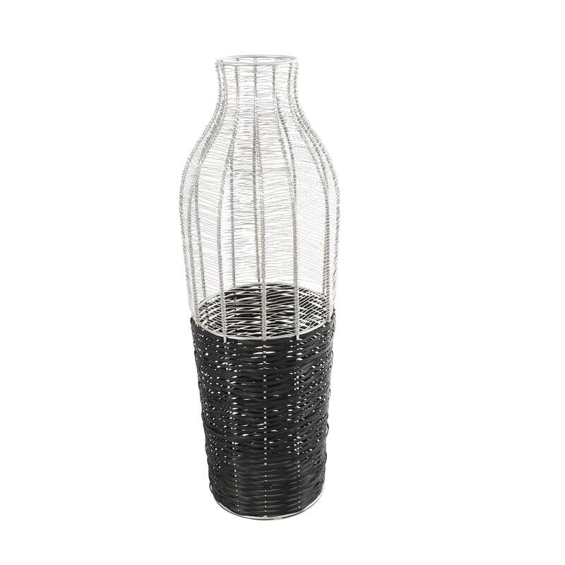 Silver Metal Tall Vase with Woven Black Rattan Base