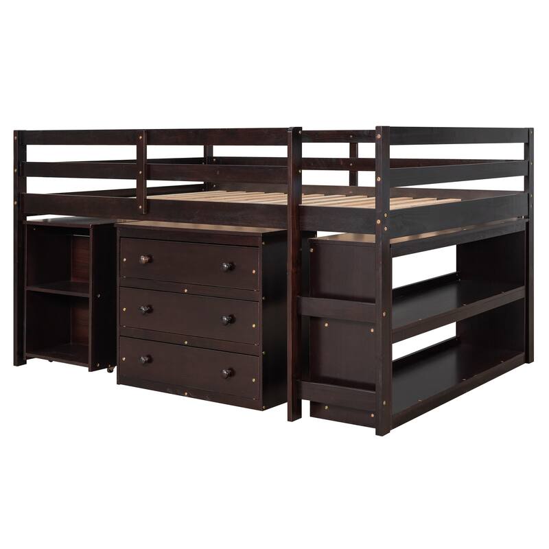 Multiple Functions Low Loft Bed with Cabinet, Shelves and Rolling Portable Desk