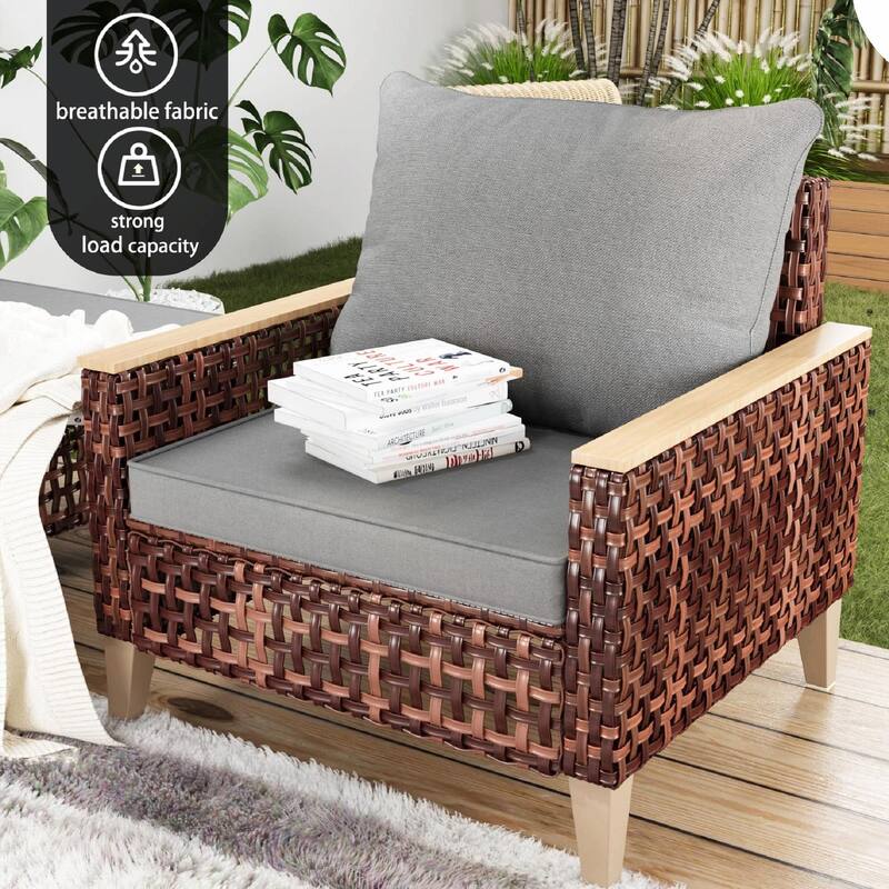 5-Piece High Footed Hollowed Out Rattan Furniture Set - 7-Seat Sofa Set with Cushions