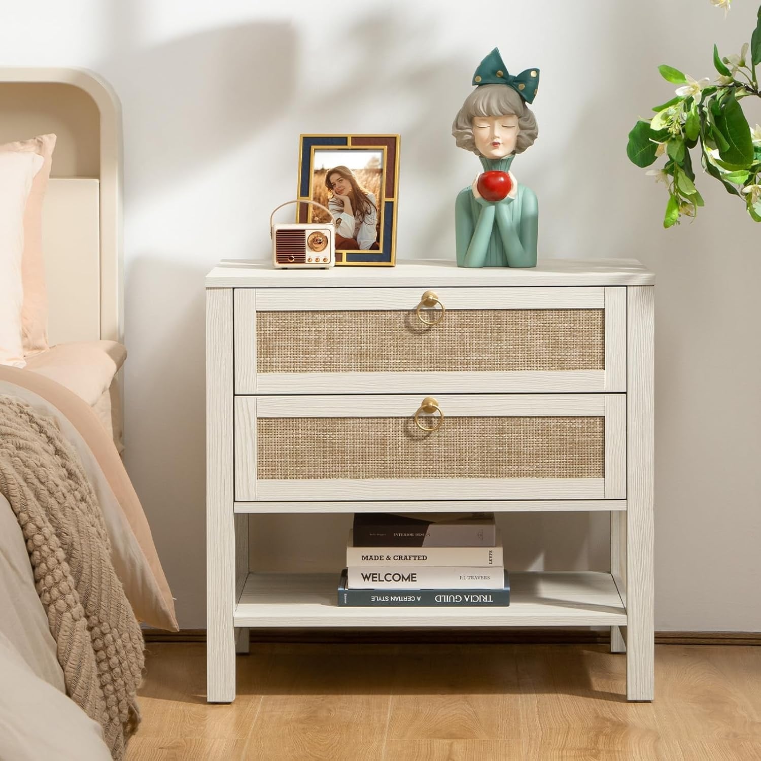 White Night Stand with Drawers and Storage Shelf, Rattan Decor Boho Bedside Table for Small Spaces