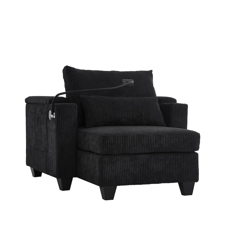 Convertible Chaise Lounge 37.4" Sofa Chair Sofa Bed Corduroy Sleeper Sofa with USB Ports, Two Cup Holders