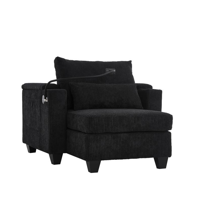 Convertible Chaise Lounge Sofa Chair with USB Ports, Storage 37.4" Corduroy Sleeper Sofa Bed with Adjustable Backrest