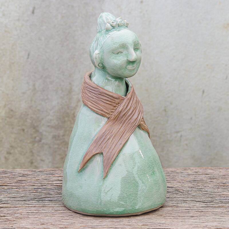 Novica Handmade Hill Tribe Woman Celadon Ceramic Sculpture