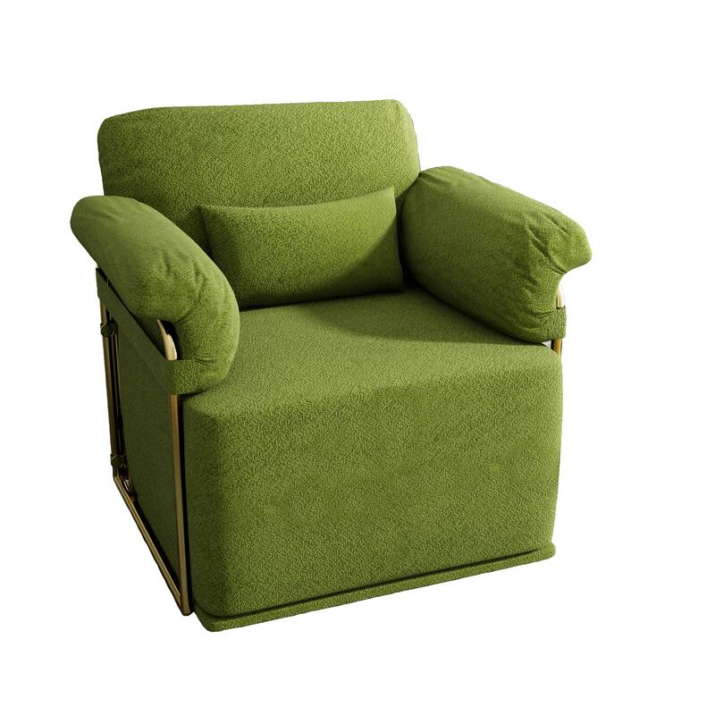 360 Degree Square Swivel Fluffy Fabric Lounge Upholstered Reading Chair with Gold Metal Legs, Green