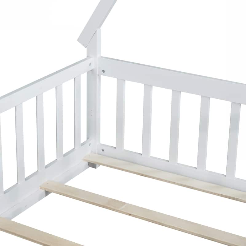 Twin Tent-shaped Floor Bed,Teepee Bed with Guardrails,Slats and Door