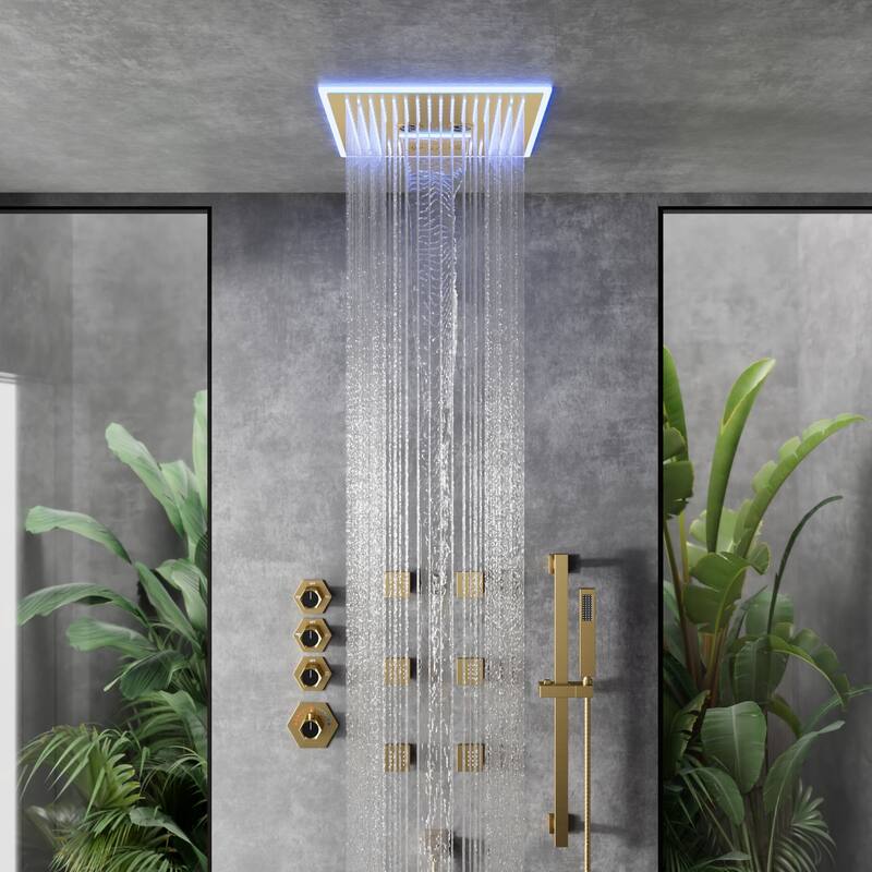 Shower Faucet System 16" Ceiling Mount Shower Head 3 Spray Modes Body Jets Handheld Spray with Slide Bar LED Music