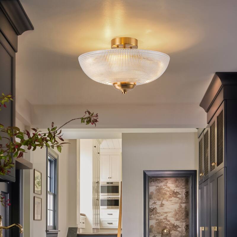 Industrial 3-Light Gold Semi Flush Mount Lights with Grid Textured Glass - Brass