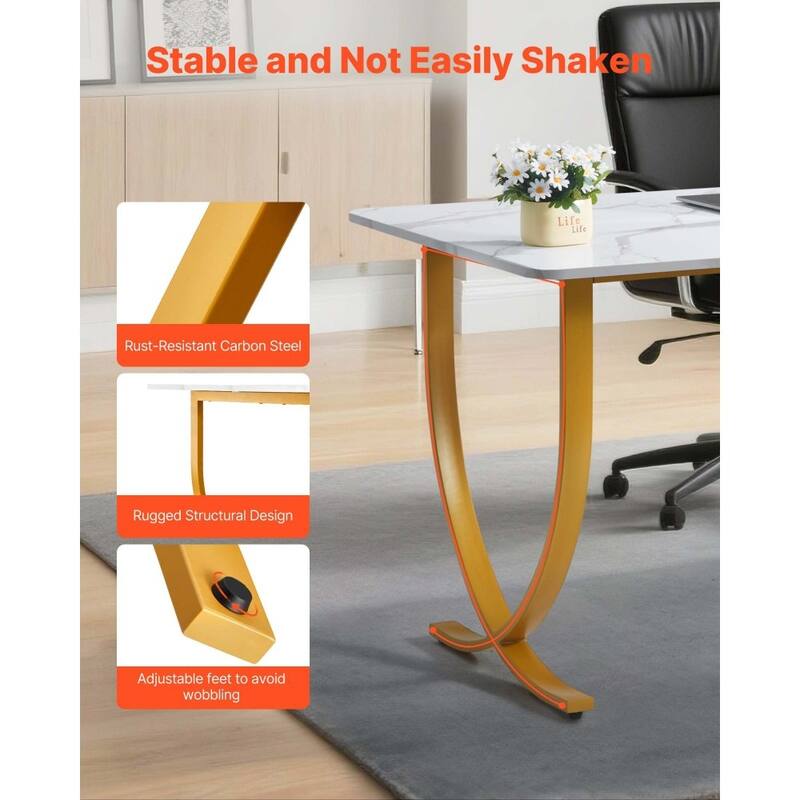 63 Inch White and Gold Computer Desk with Steel Frame for Large Home or Office