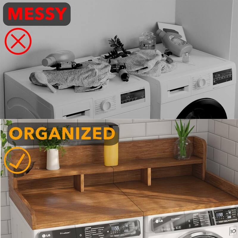 2-Tier Washer Dryer Countertop, 54" W x 27.5" D Laundry Countertop for Folding Clothes, Dual Storage & Edge Guard