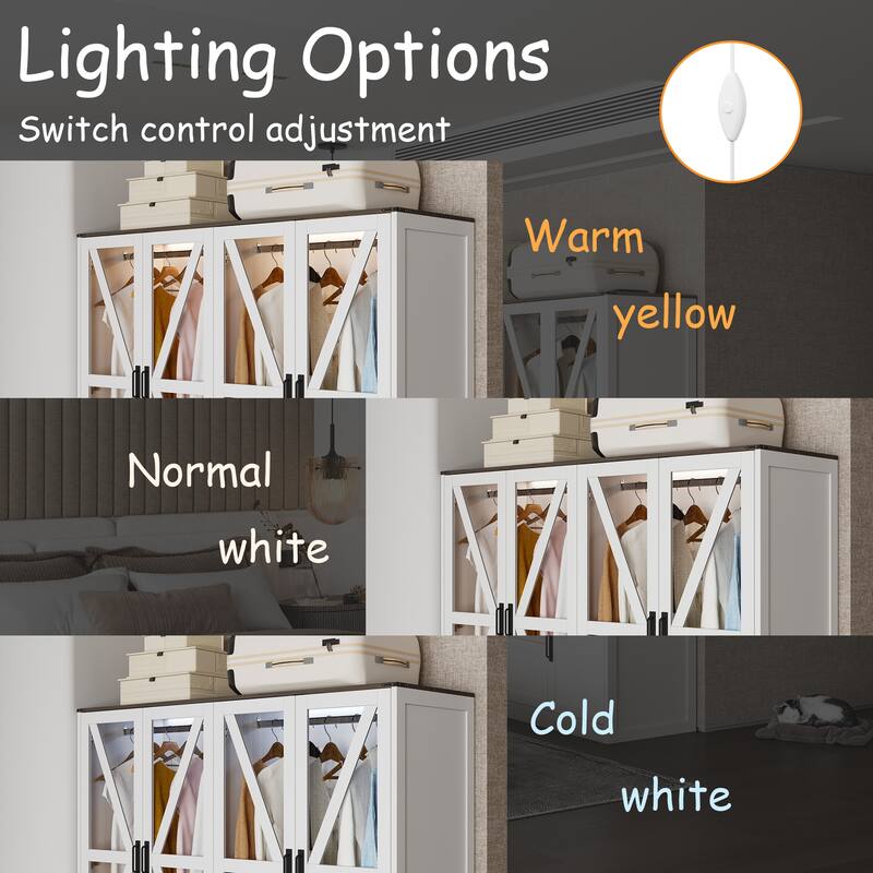 Wardrobe Closet with Glass Doors, 6 Cabinets, 2 Drawers & LED Hanging Rods Bedroom Armoire Storage Organizer