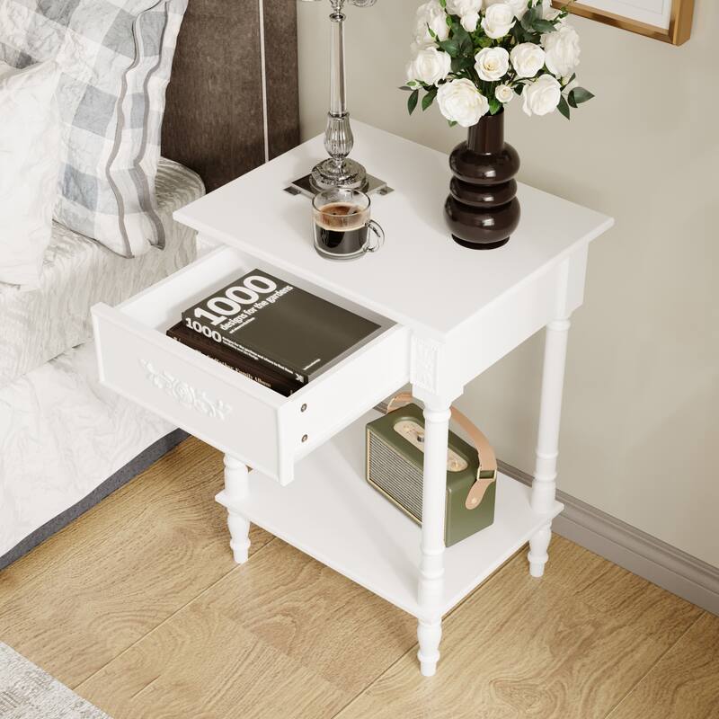 Vintage End Table with Drawer and Shelf, French Style Nightstand with Solid Wood Legs, White Accent Table
