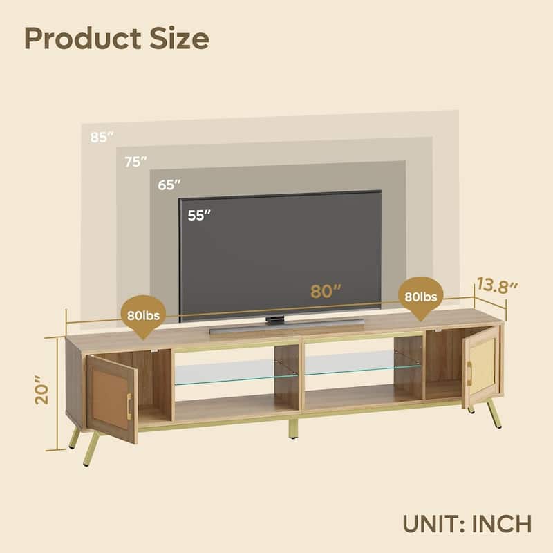 80'' Rattan Black TV Stand for TVs up to 85", Boho LED TV Console with Adjustable Shelves and doors