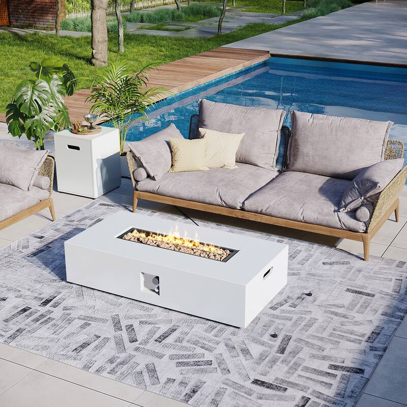 UPHA 56-Inch Rectangular Iron Propane Outdoor Fire Pit Table includes Tank Cover, Lid and Rain Cover in White - White - Propane