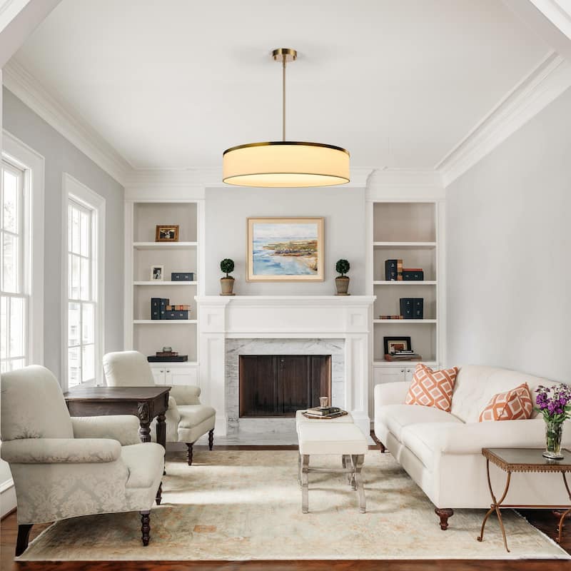 Farmhouse Drum Chandelier Integrate LED Ceiling Pendant w Fabric Shade