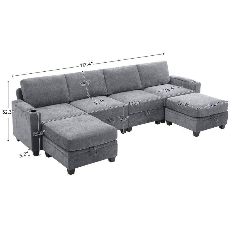 Chenille Sectional Sofa, Hidden Storage & Modular Design