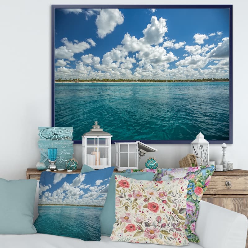 Designart "White Fluffy Clouds Over Sea" Oversized Beach Framed Canvas Artwork Print